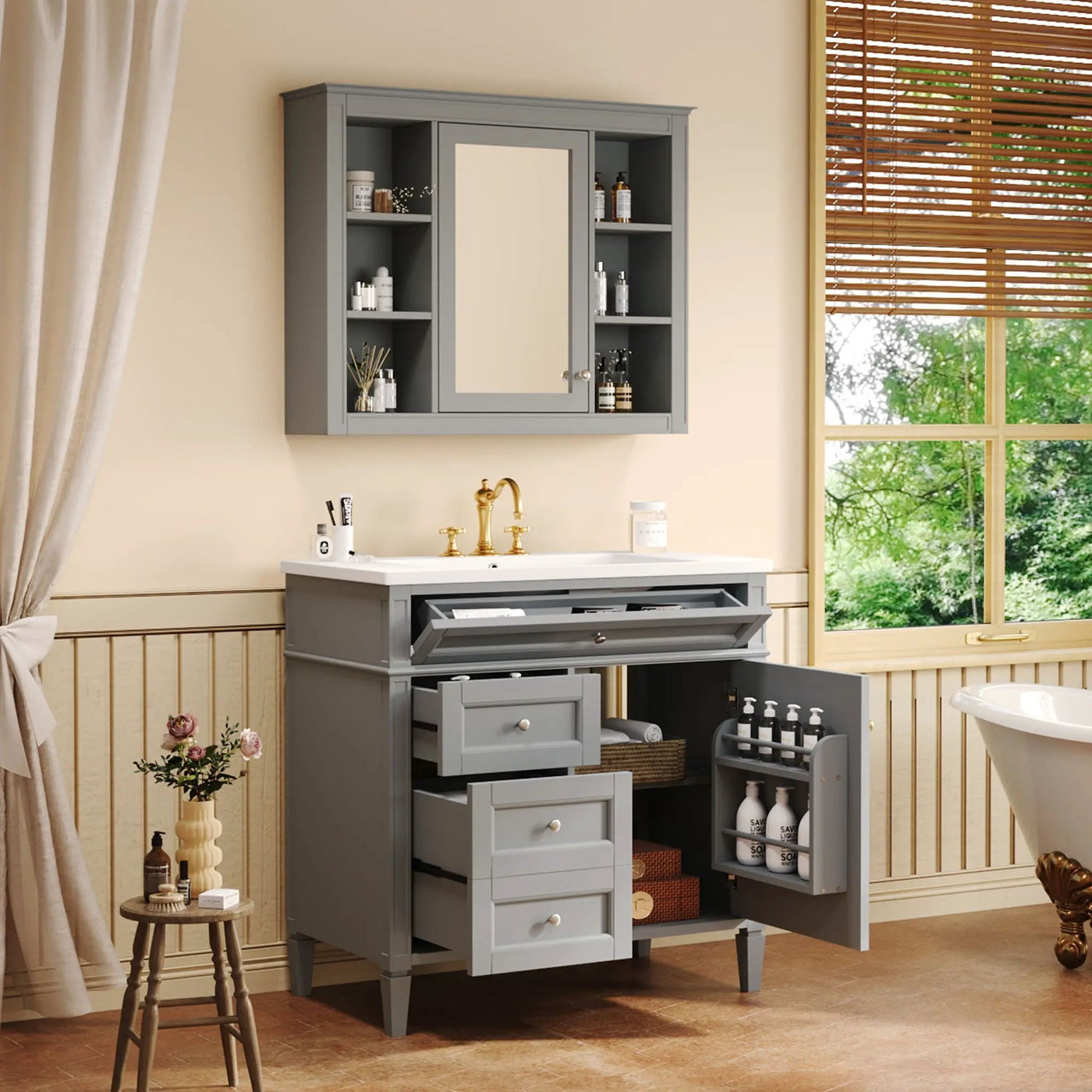 Bathroom Vanity With Mirror Cabinet, Single Sink With 2 Soft Closing Doors And 4 Drawers by HouseOfZazla