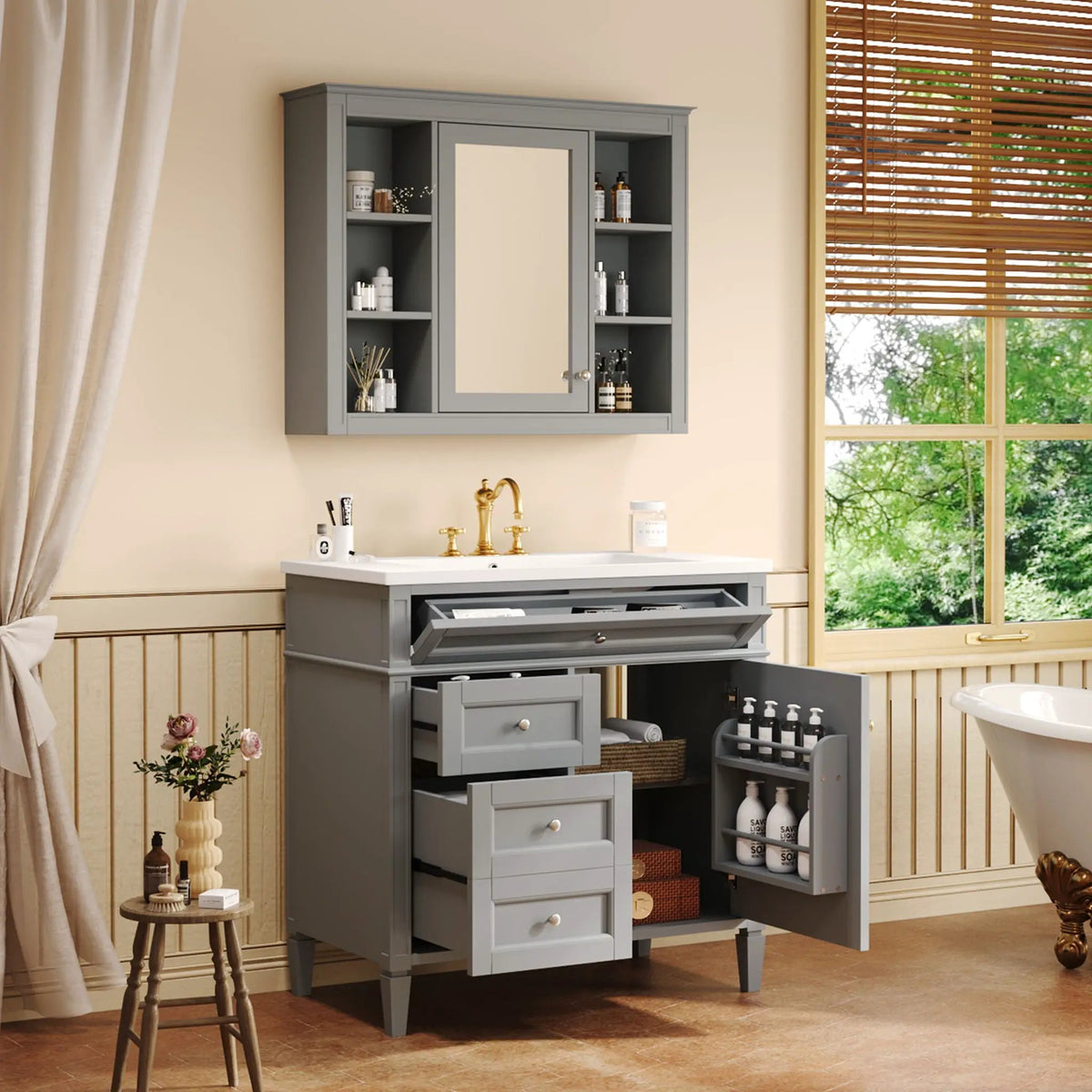 Bathroom Vanity With Mirror Cabinet, Single Sink With 2 Soft Closing Doors And 4 Drawers, photo 19 of 35