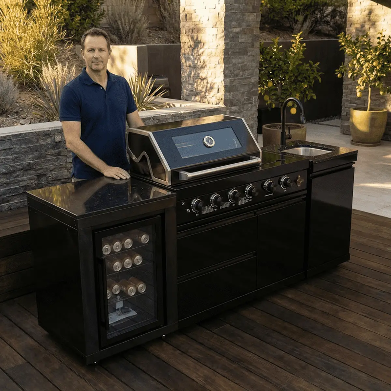 85" 4-Burner 72000 BTU Black Outdoor Kitchen Island Grill with Compact Refrigerator Marble Countertops Sink by Chery Industrial