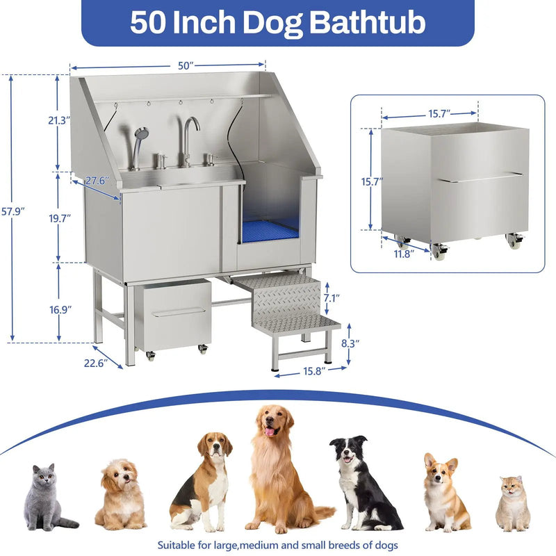 Stainless Steel Dog Washing Station With Seamless Design And Accessories - Silver by HouseOfZazla