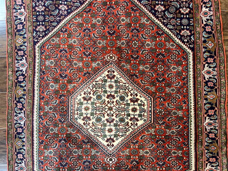 Persian Bidjar Rug 4x5, Finely Hand Knotted Vintage Carpet, Red and Navy Blue, Handmade Wool Rug, 180 KPSI by Jewel Rugs