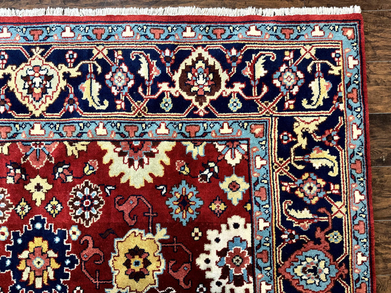 Indo Heriz Rug 8x10, Red and Navy Blue, Allover Pattern, Wool Handmade Carpet by Jewel Rugs