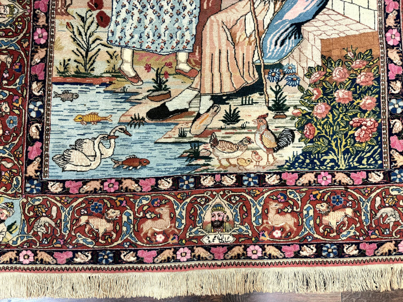 Wonderful Persian Kashan Pictorial Rug 4.7 x 6.5, Persian Rug for Wall Hanging, Handmade Antique Wool Carpet Animal Motifs Poetry Lovers, 240 KPSI by Jewel Rugs