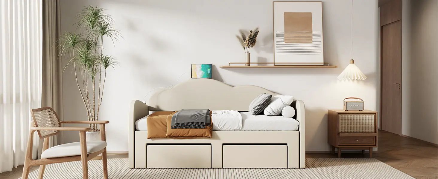 Upholstered Daybed With Cloud-Shaped Backrest, Trundle & 2 Drawers And USB Ports by HouseOfZazla
