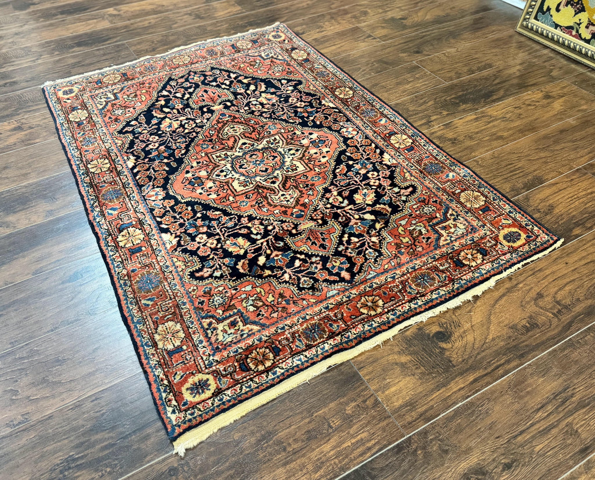 Persian Sarouk Rug 3.6 x 5, Medallion Rug, Red and Midnight Blue, Handmade Semi Antique Vintage Wool Carpet by Jewel Rugs