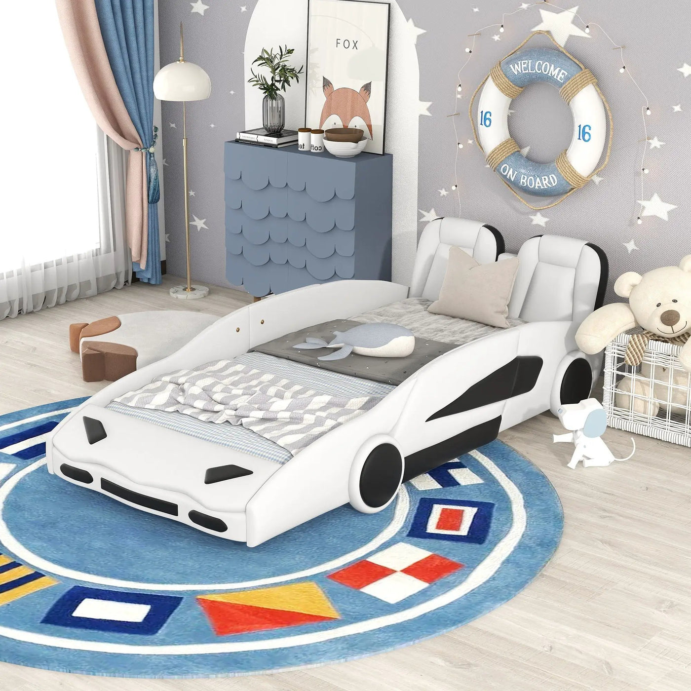 Race Car Shaped Twin Platform Bed With Wheels, Pine Wood Construction by HouseOfZazla