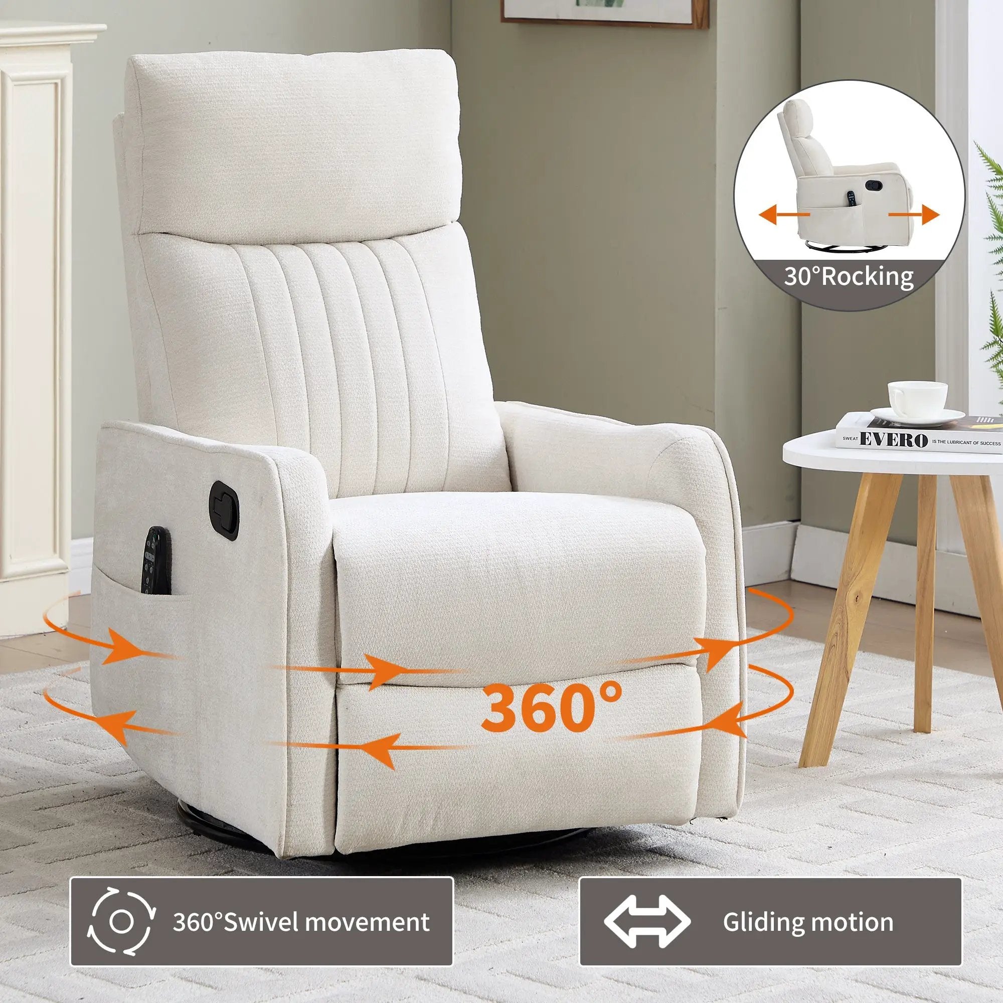 Beige Heat Massage Manual Recliner Chair with Rocker and Swivel by HouseOfZazla