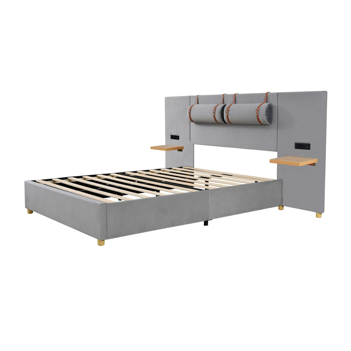 Upholstered Platform Bed, 2 Outlets And USB Charging Ports On Both Sides, 2 Bedside Pillows, Storage Shelves by Unique Piece Furniture