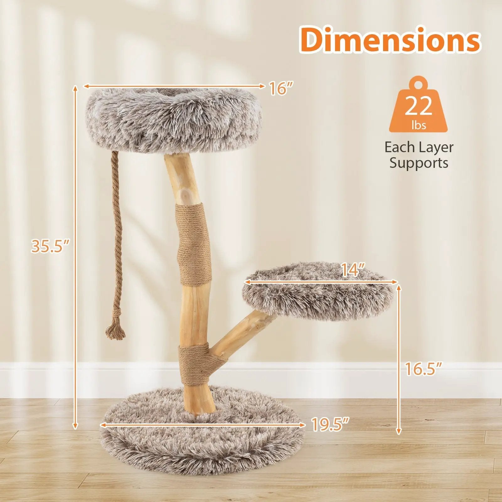 Modern Wooden Cat Tree Tower with Perch and Natural Jute Scratching Posts-Brown by DirectDeals
