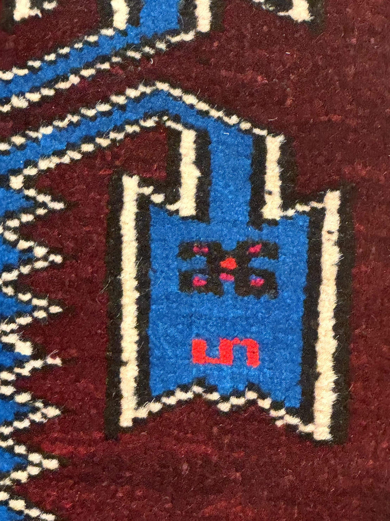 Persian Tribal Rug 1.8 x 2, Small Balouchi Rug, Unique Design, Burgundy and Blue by Jewel Rugs