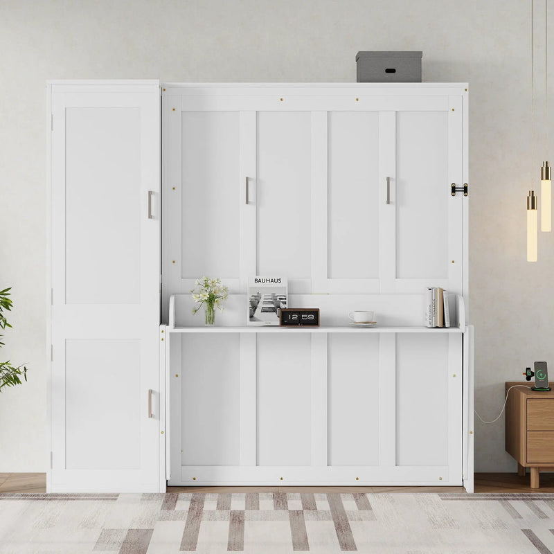 Queen Size Murphy Bed With Wardrobe, Space-Saving Hidden Wall Bed With Desk And Charging Station - White by HouseOfZazla