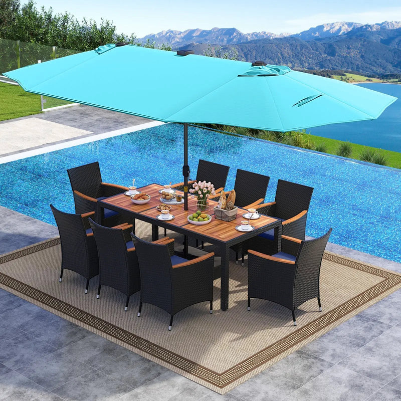 11 Pieces Patio Dining Set with LED Patio Umbrella with Base and Seat Cushions (Navy) by DirectDeals