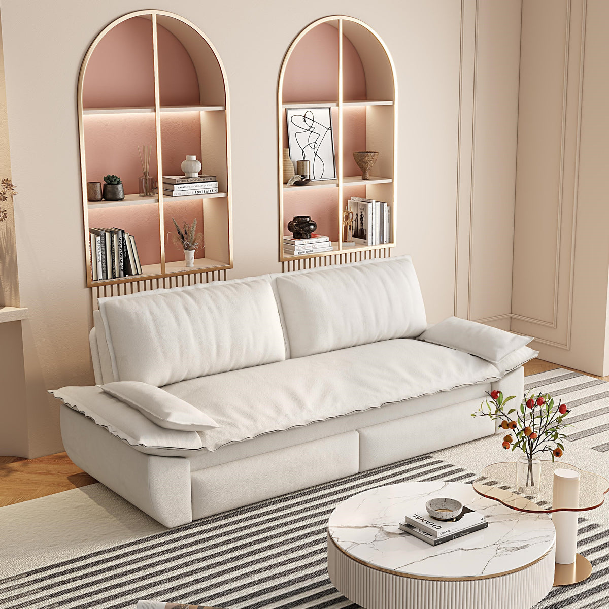 3-in-1 Convertible Velvet Sofa Bed with Queen Pull Out Sleeper - Beige/White, photo 2 of 10