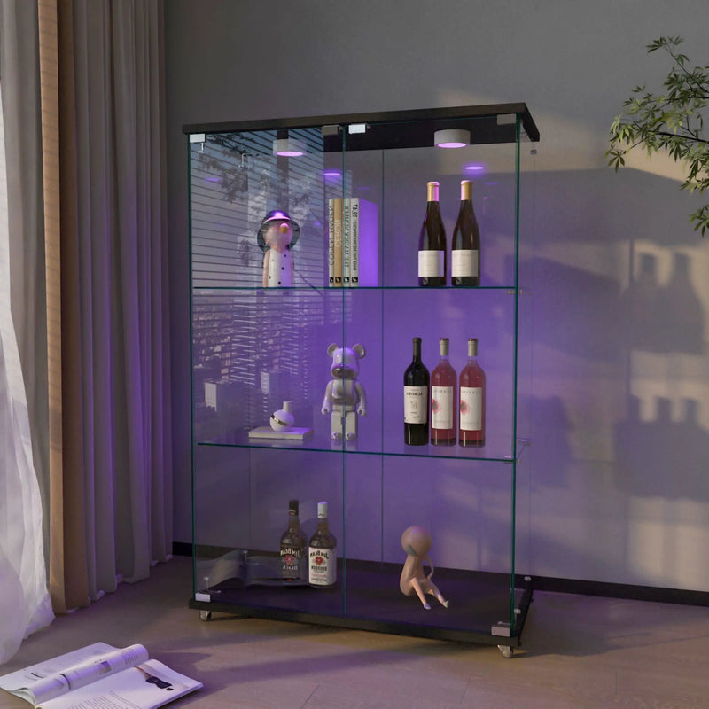 Modern Display Cabinet With LED Lights, Transparent Tempered Glass 2 Door Storage Case With 3 Shelves by Unique Piece Furniture