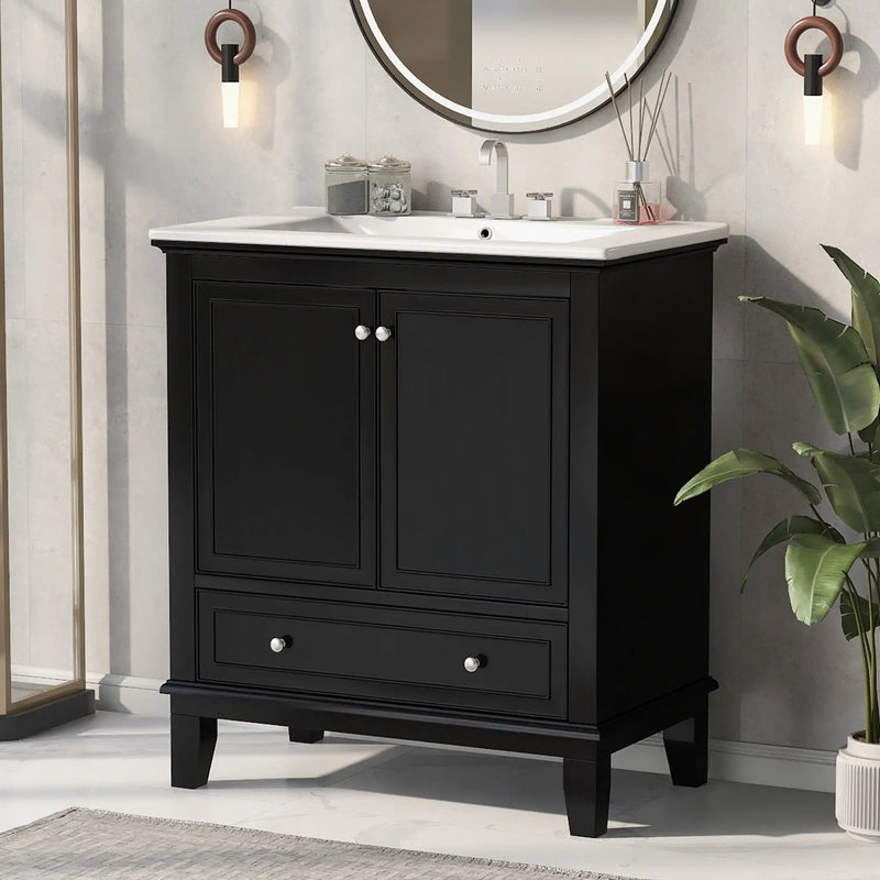 30" Bathroom Vanity With Sink Combo, Multi Functional Bathroom Cabinet With Doors And Drawer - Black by HouseOfZazla