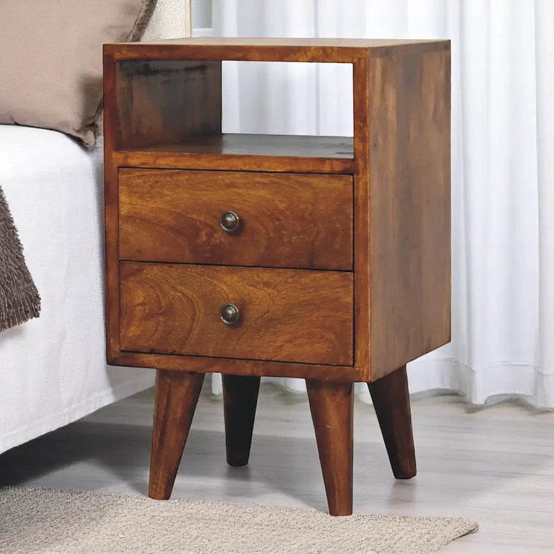 Solid Wood Mini Classic Chestnut Bedside, 2-Drawers, 1 Open Slot, Nordic Legs by HouseOfZazla