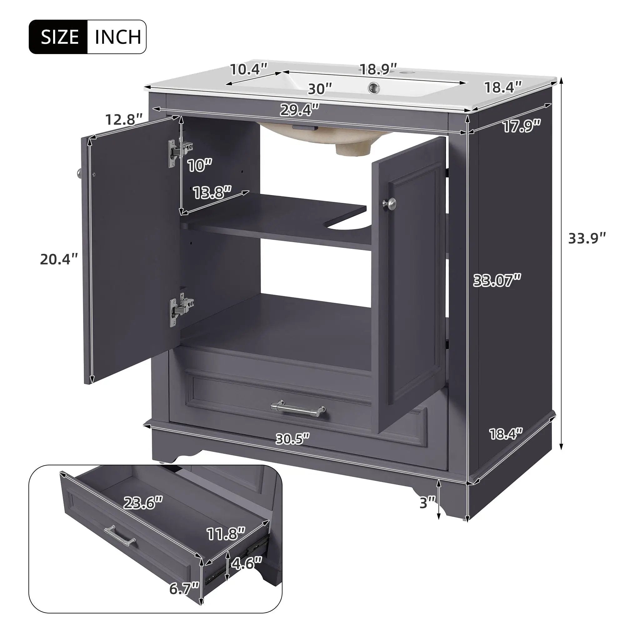 Bathroom Vanity With Sink, Cabinet & 2 Soft Closing Doors & Adjustable Shelf by HouseOfZazla