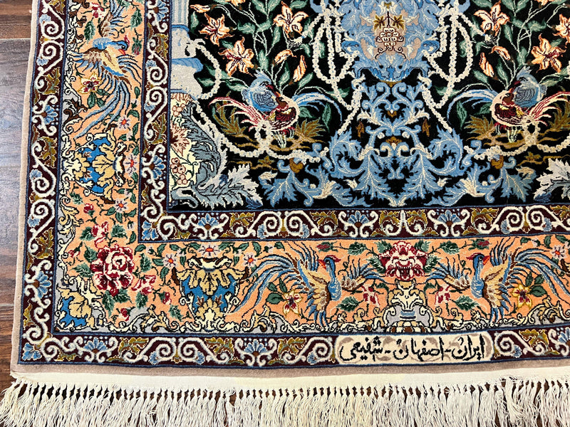 Wonderful Persian Isfahan Rug 3.7 x 5, Kork Wool on Silk Foundation, Very Fine 460 KPSI, Tree of Life Persian Vase Design Animal Pictorials Peacocks by Jewel Rugs