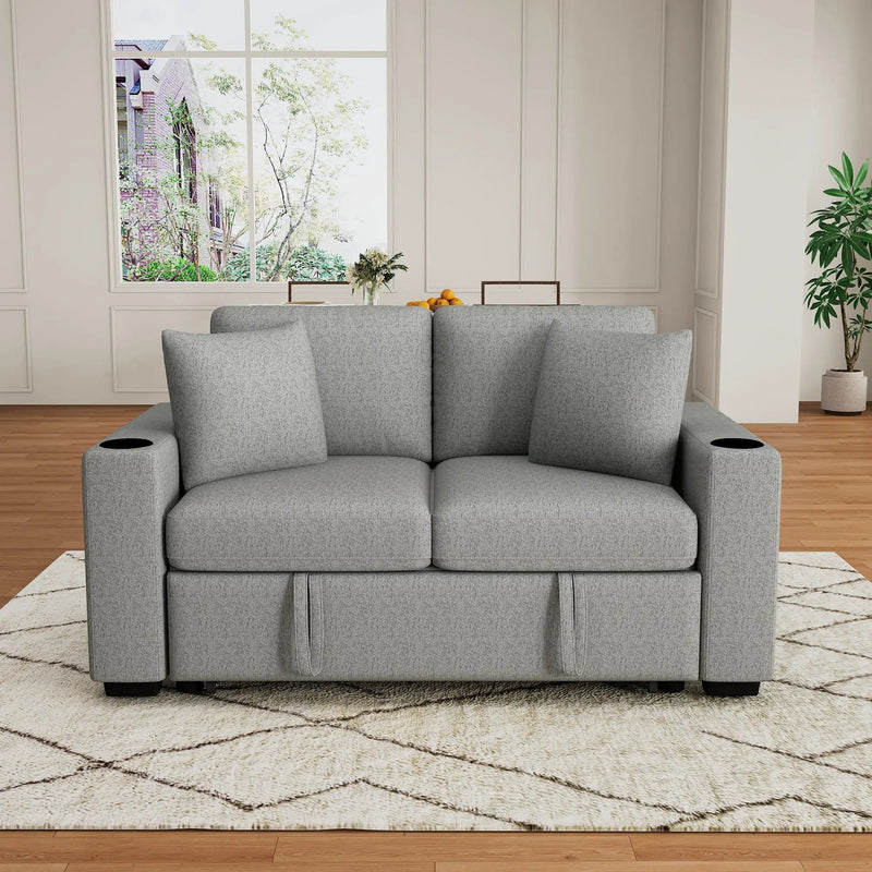 Modern 2 Seater Loveseat Sofa With Pull-Out Bed, Fabric, Built-In USB Ports & Cup Holders by Unique Piece Furniture