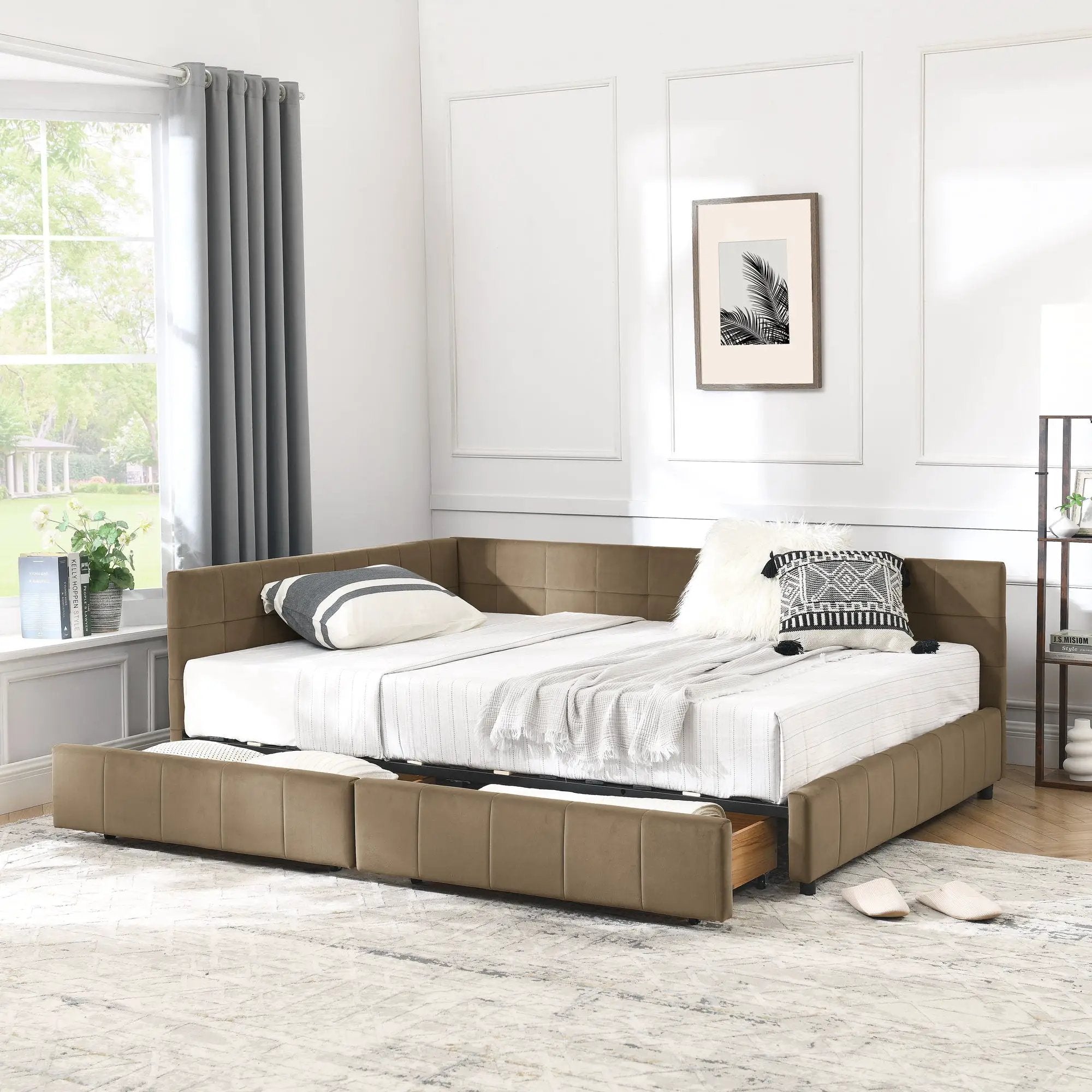 Mid-Century Storage Upholstered Tufted Bed Frame With Backrest And Armrests by Unique Piece Furniture