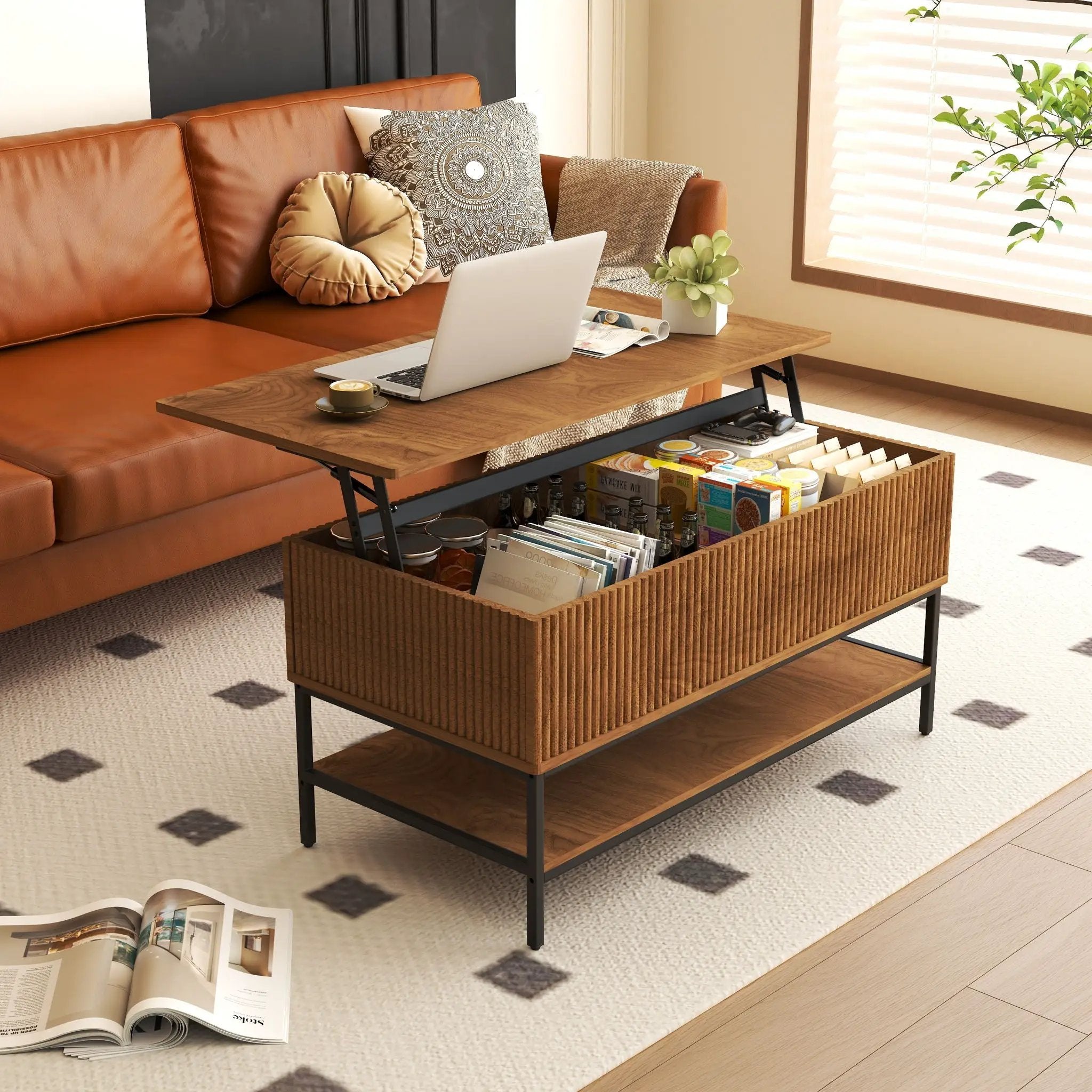 Rectangle Lift Top Coffee Table With Hidden Storage And Lower Shelf - Brown by Unique Piece Furniture