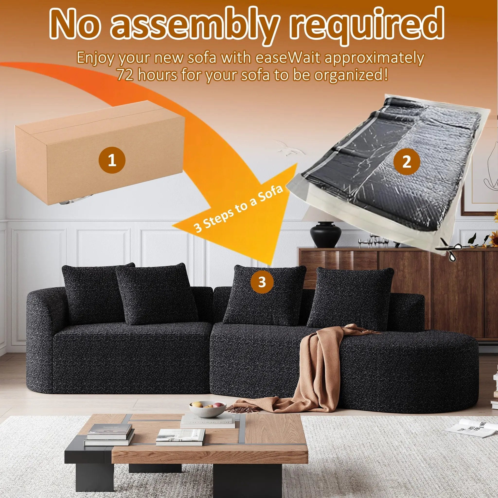 Upholstered Oversized Sectional Sofa, 4 Seater Extra Deep & Wide Curved Cloud Couch With 4 Throw Pillows For Living Room - Black by HouseOfZazla