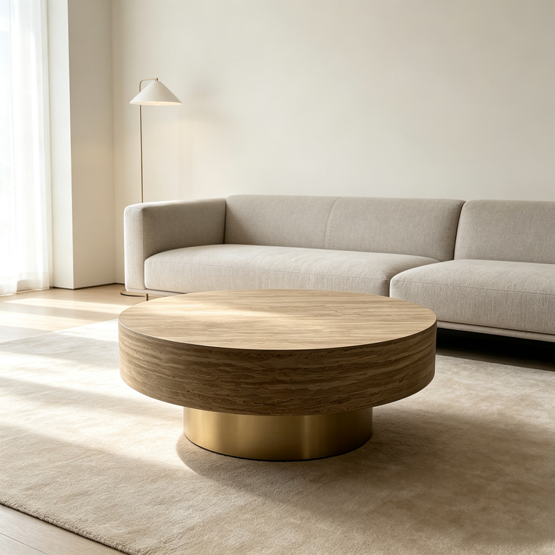 31.88 Inch Round Travertine Coffee Table with MDF Base - Beige, photo 3 of 10