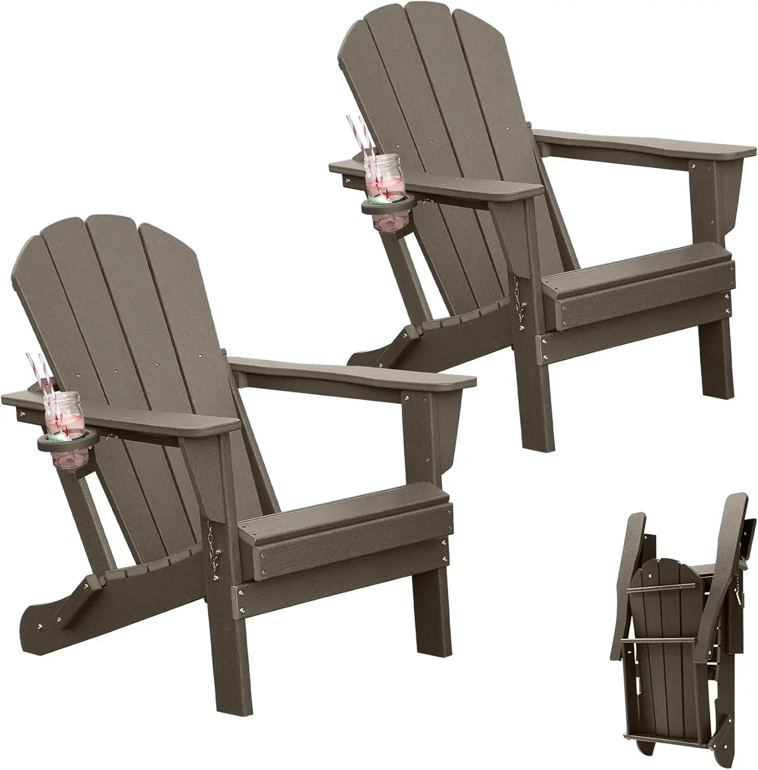 Adirondack Chairs Set of 2 with Cup Holder - Brown HDPE Outdoor Chairs by HouseOfZazla