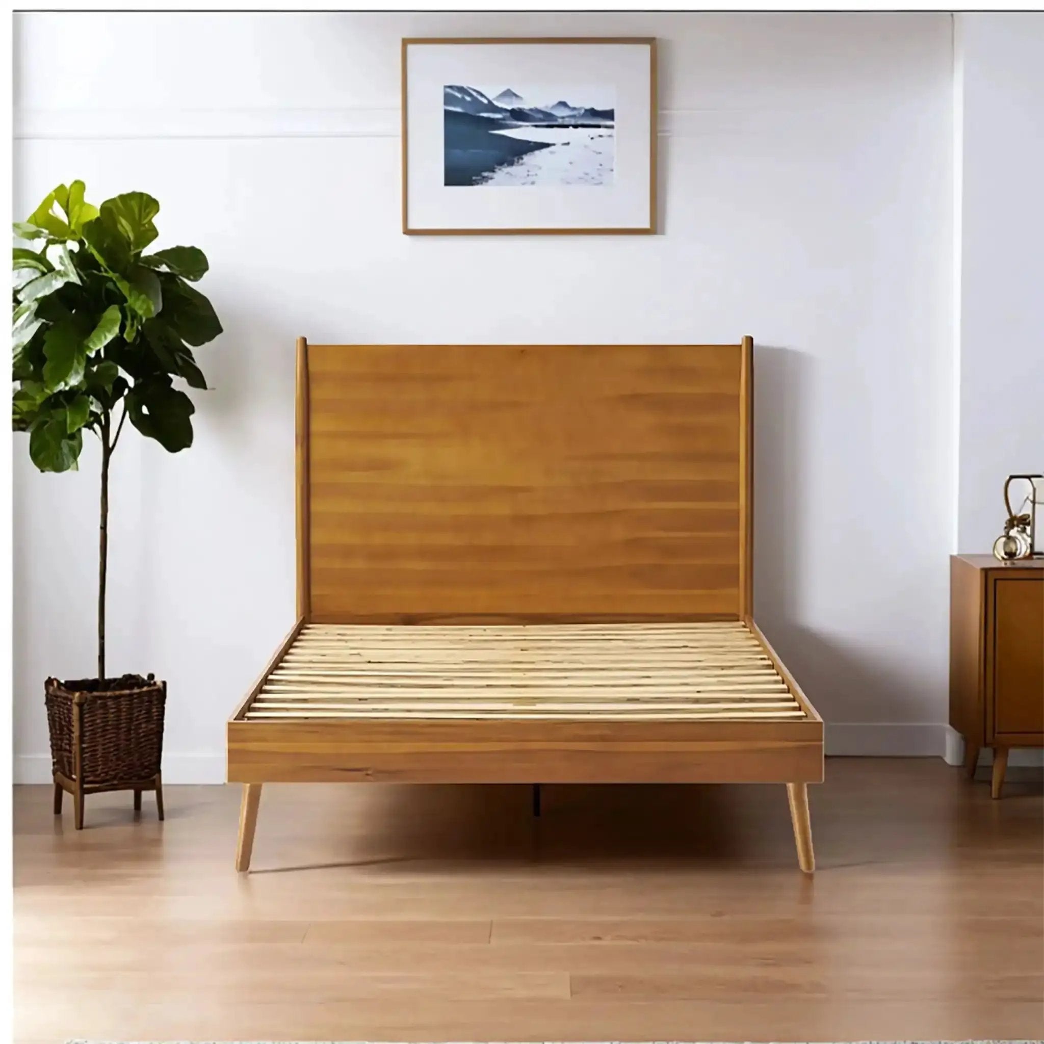 Okioki Mid-Century Natural Stained Solid Acacia Wood Bed by HouseOfZazla