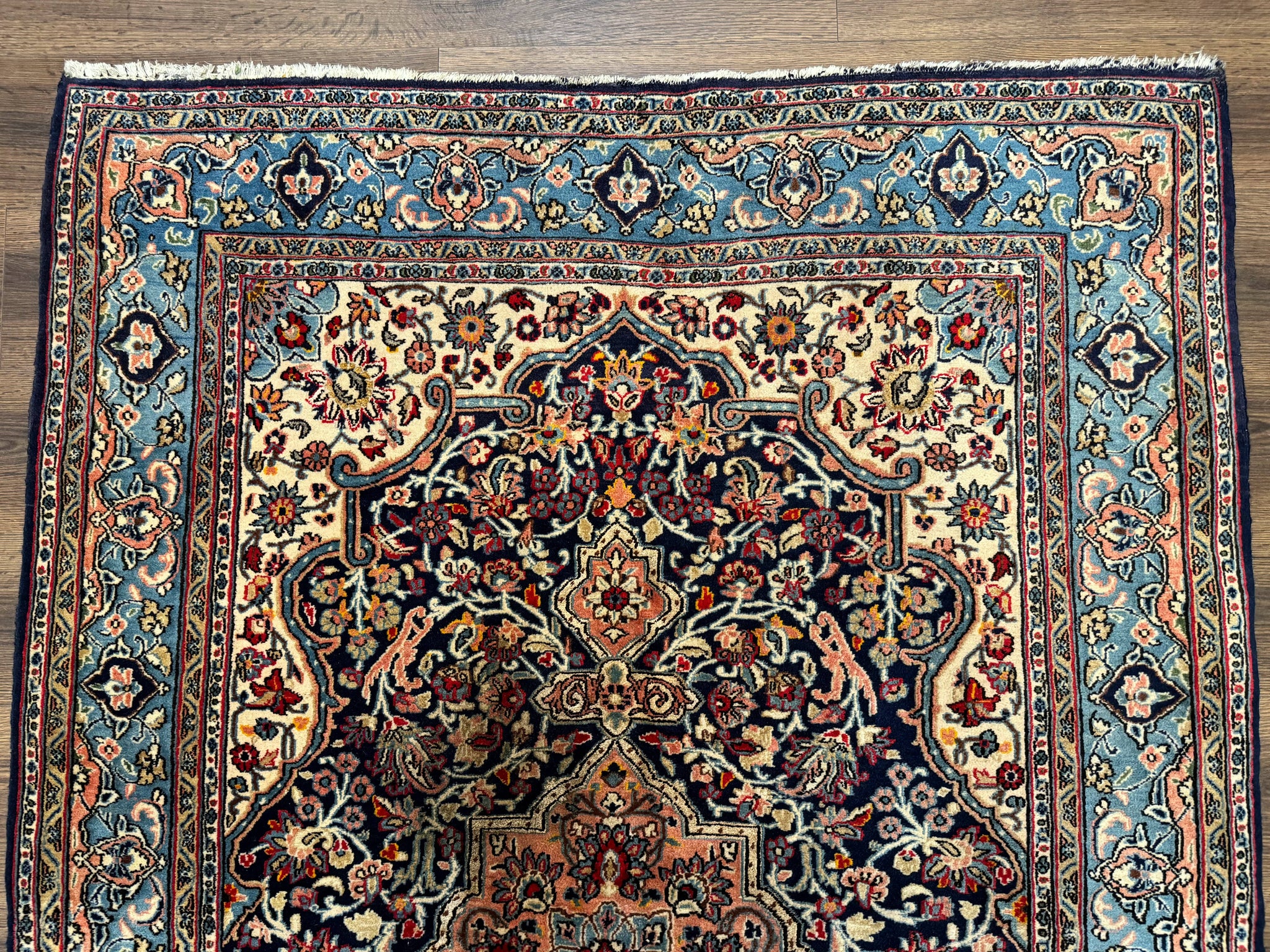 Persian Qum Rug 5x7 in Navy Light Blue and Ivory, Wool wilh Silk Highlights, 225 KPSI by Jewel Rugs