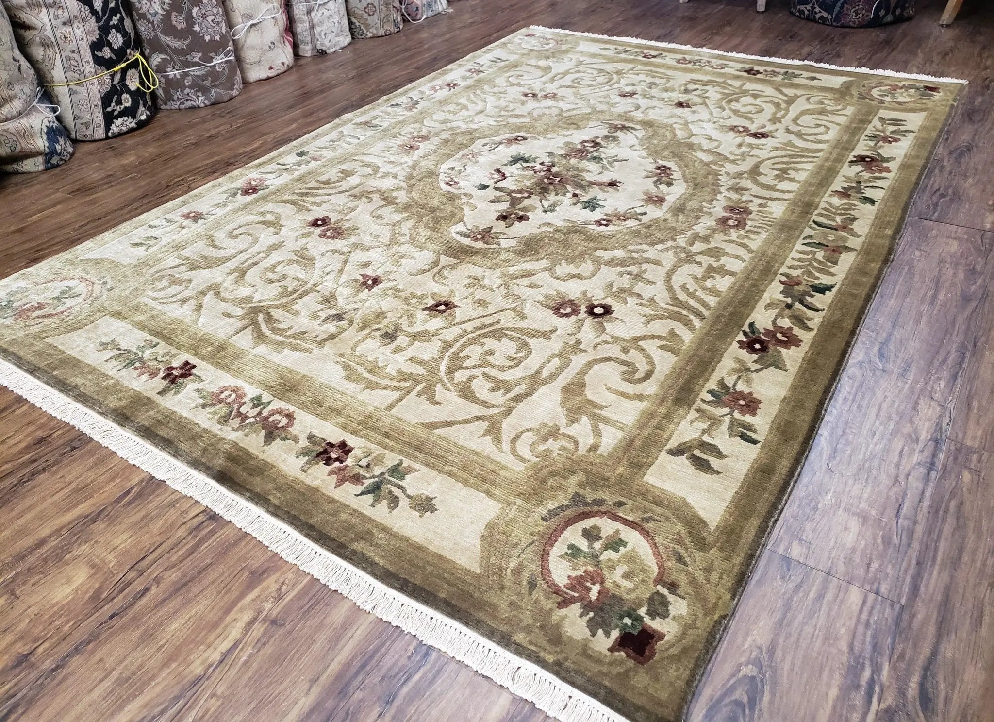 Vintage Nepali Tibetan Aubusson Rug 6x9, Wool Hand-Knotted Cream Beige