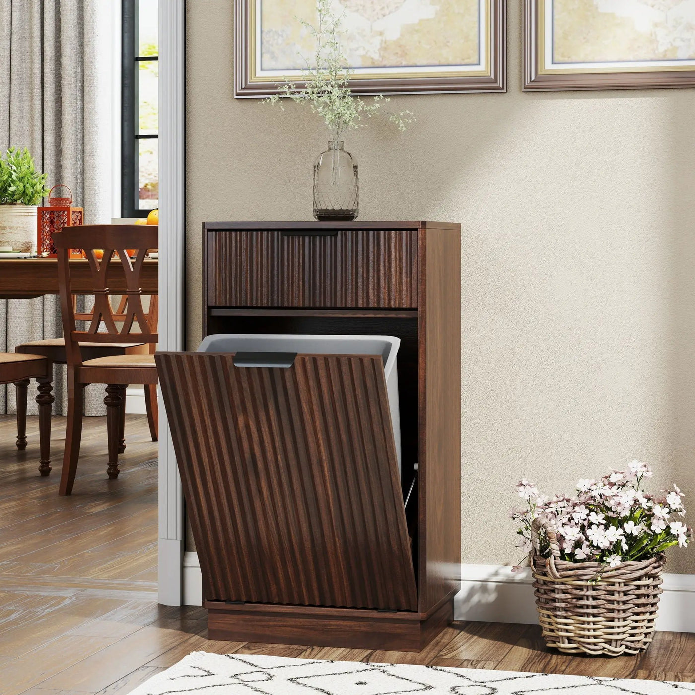 Tilt Out Trash Can Cabinet With Wave Textured Drawer & Pull Out Bin by HouseOfZazla