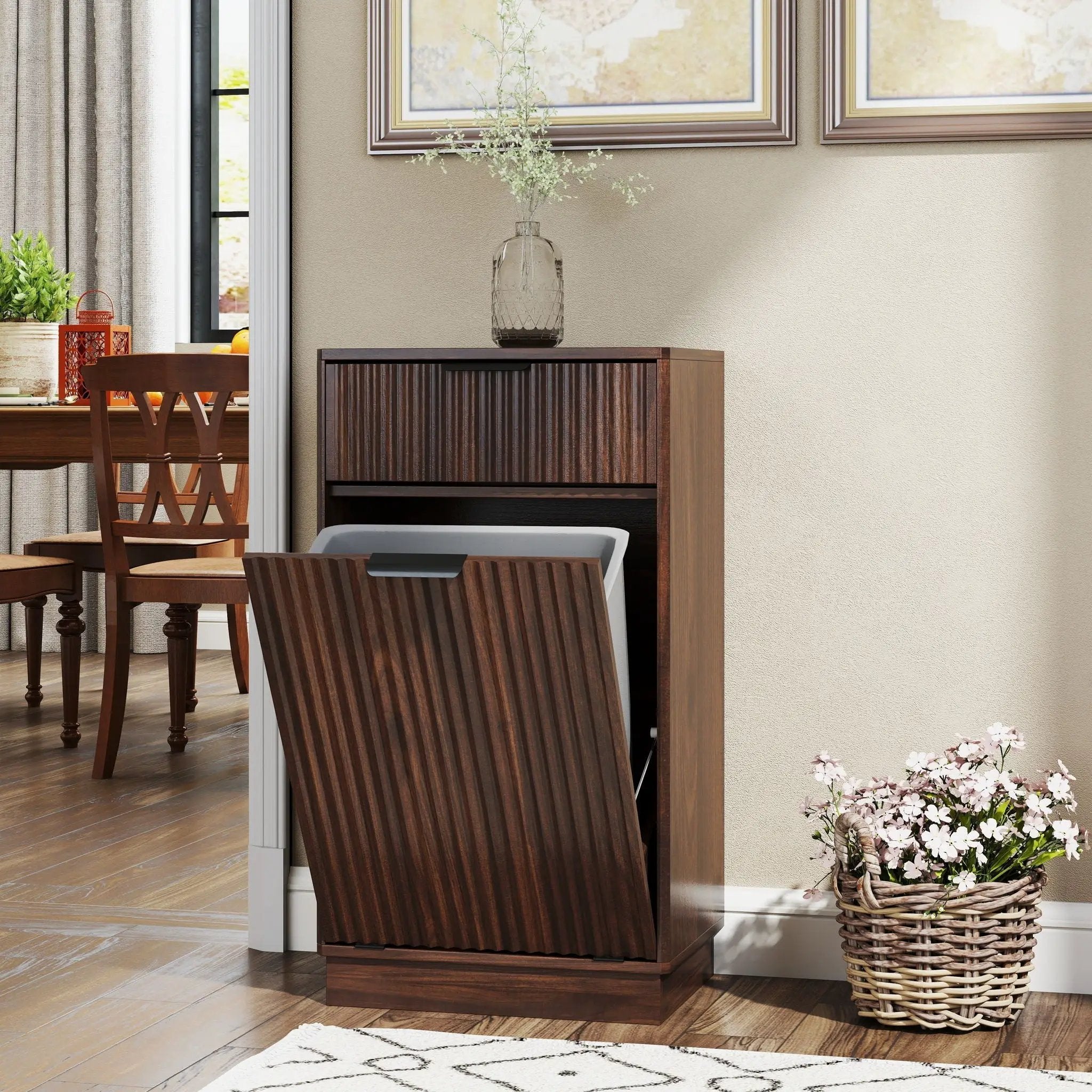 Tilt Out Trash Can Cabinet With Wave Textured Drawer & Pull Out Bin by HouseOfZazla