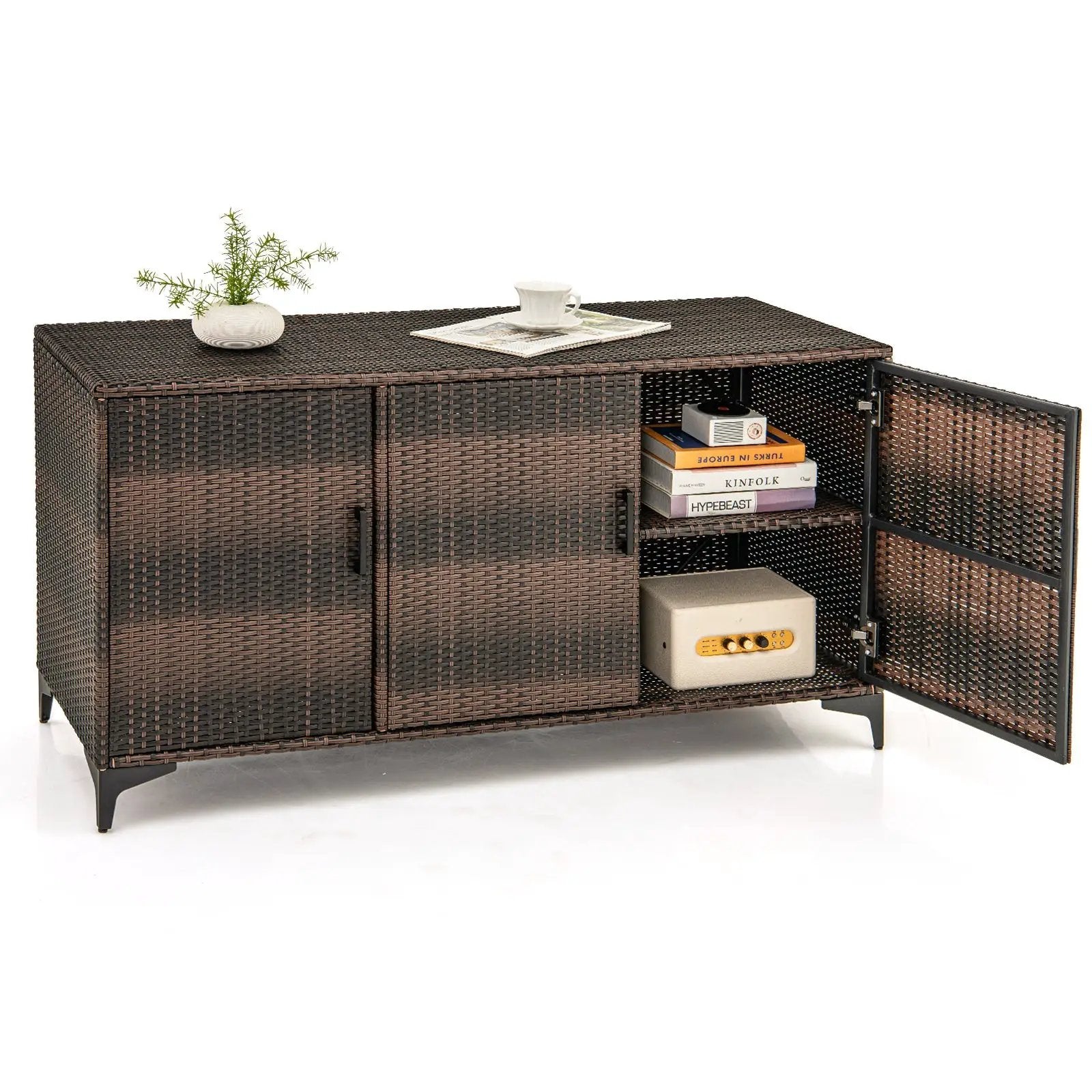 84 Gallon Patio Wicker Deck Box 3-Door PE Rattan Storage Container with Removable Shelves by DirectDeals