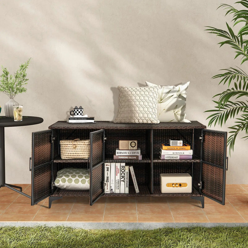 84 Gallon Patio Wicker Deck Box 3-Door PE Rattan Storage Container with Removable Shelves by DirectDeals