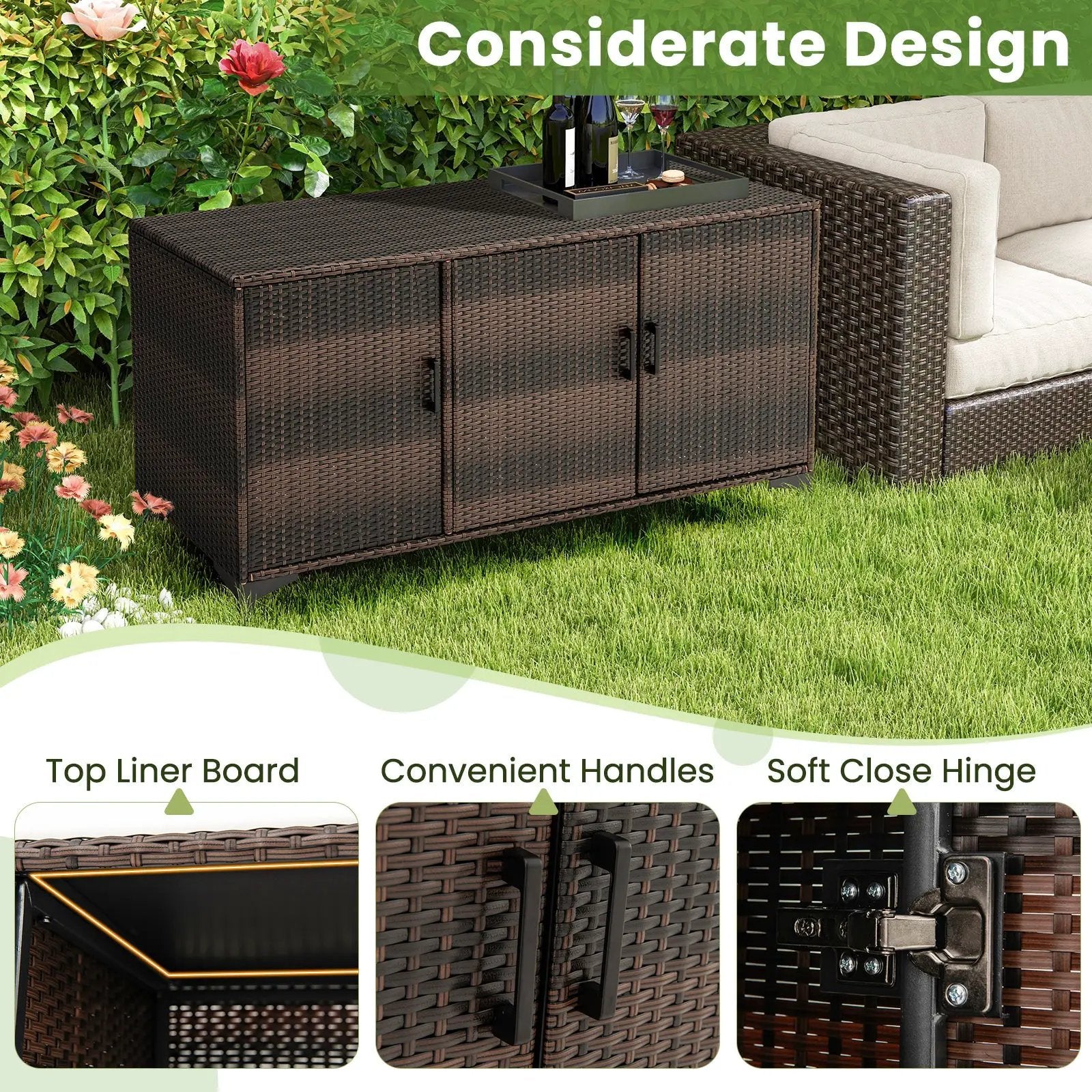 84 Gallon Patio Wicker Deck Box 3-Door PE Rattan Storage Container with Removable Shelves by DirectDeals