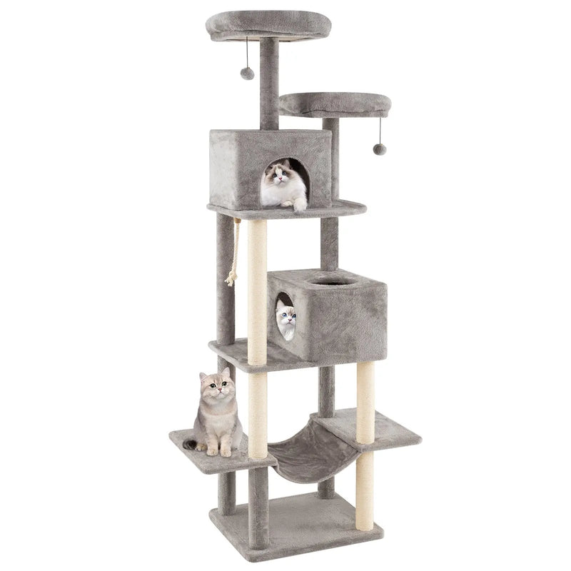 84 Inch Large Cat Tree with 2 Condos and 2 Soft Plush Perches for Indoor Cats-Gray by DirectDeals