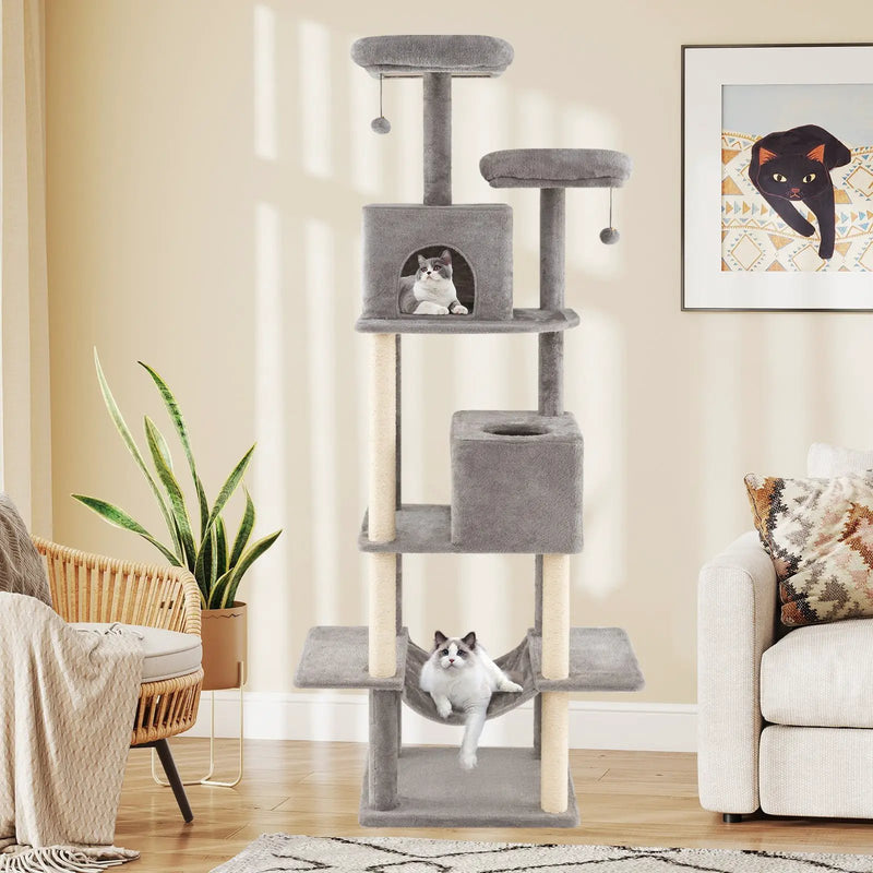 84 Inch Large Cat Tree with 2 Condos and 2 Soft Plush Perches for Indoor Cats-Gray by DirectDeals
