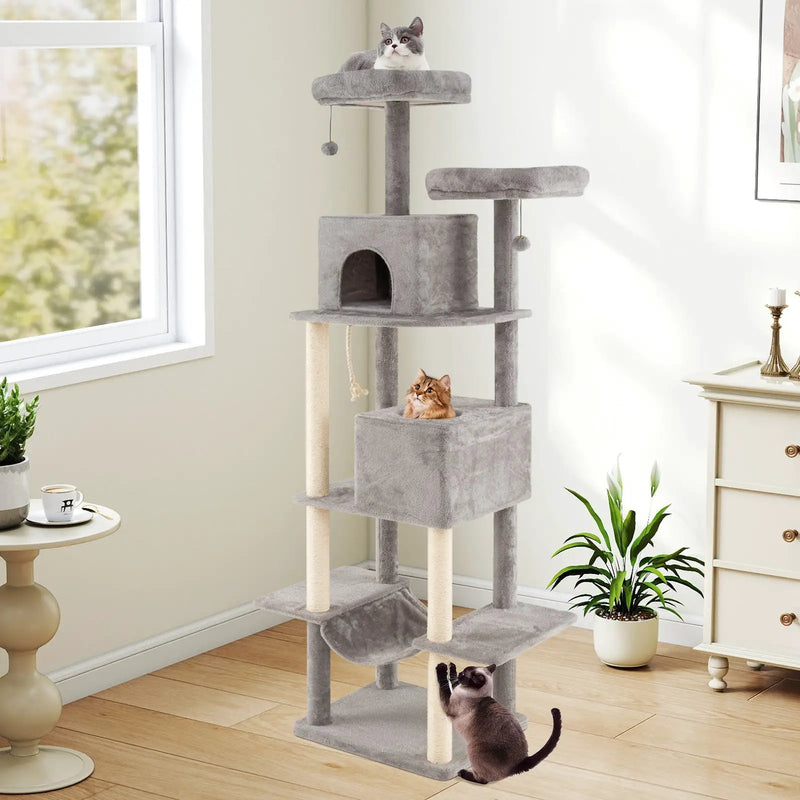 84 Inch Large Cat Tree with 2 Condos and 2 Soft Plush Perches for Indoor Cats-Gray by DirectDeals