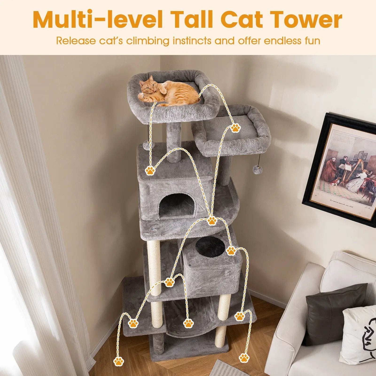 84 Inch Large Cat Tree with 2 Condos and 2 Soft Plush Perches for Indoor Cats-Gray by DirectDeals