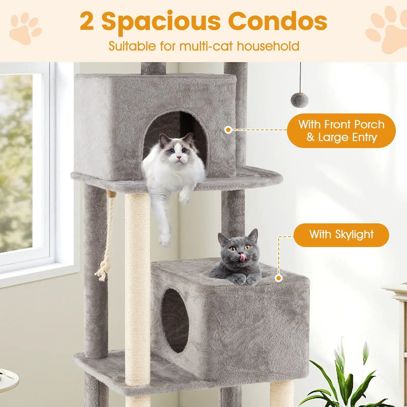 84 Inch Large Cat Tree with 2 Condos and 2 Soft Plush Perches for Indoor Cats-Gray by DirectDeals