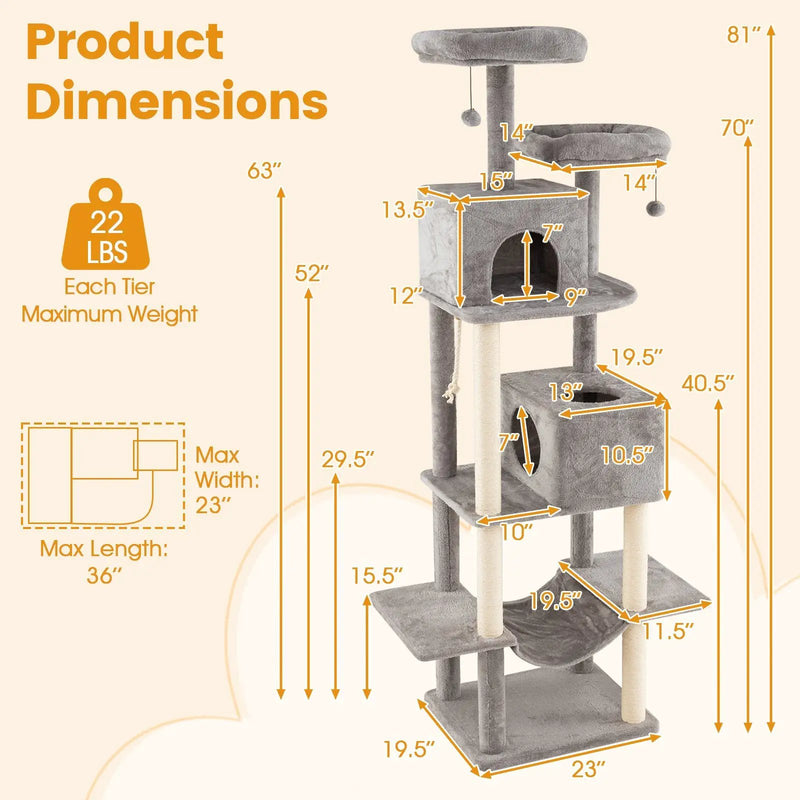 84 Inch Large Cat Tree with 2 Condos and 2 Soft Plush Perches for Indoor Cats-Gray by DirectDeals