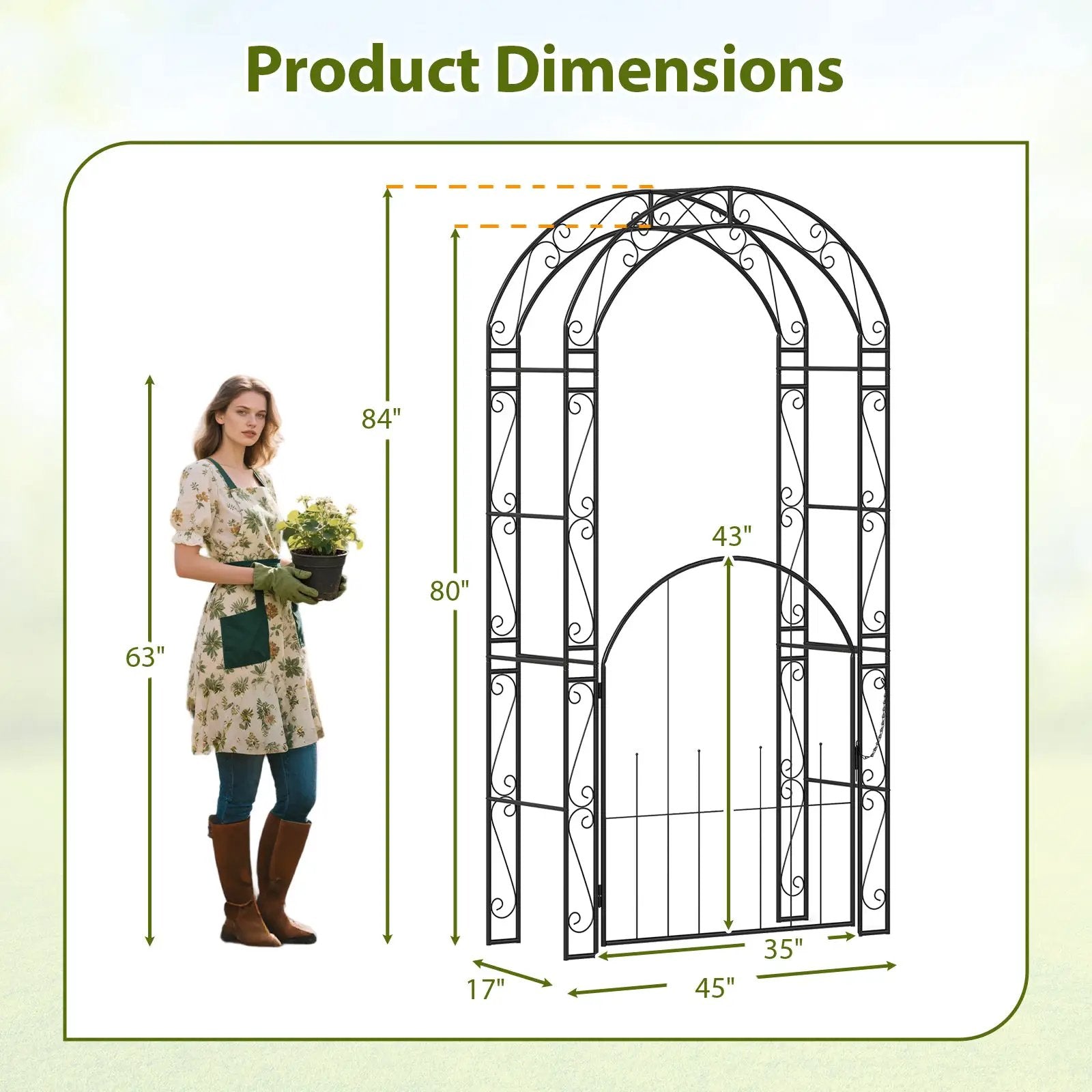 84 Inch Tall Garden Arch Metal Arbor Archway with Gate by DirectDeals