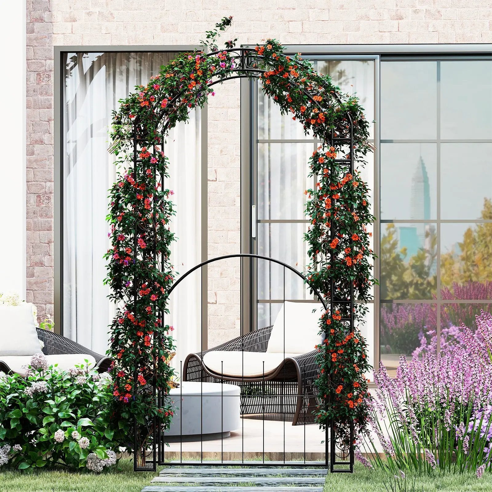 84 Inch Tall Garden Arch Metal Arbor Archway with Gate by DirectDeals