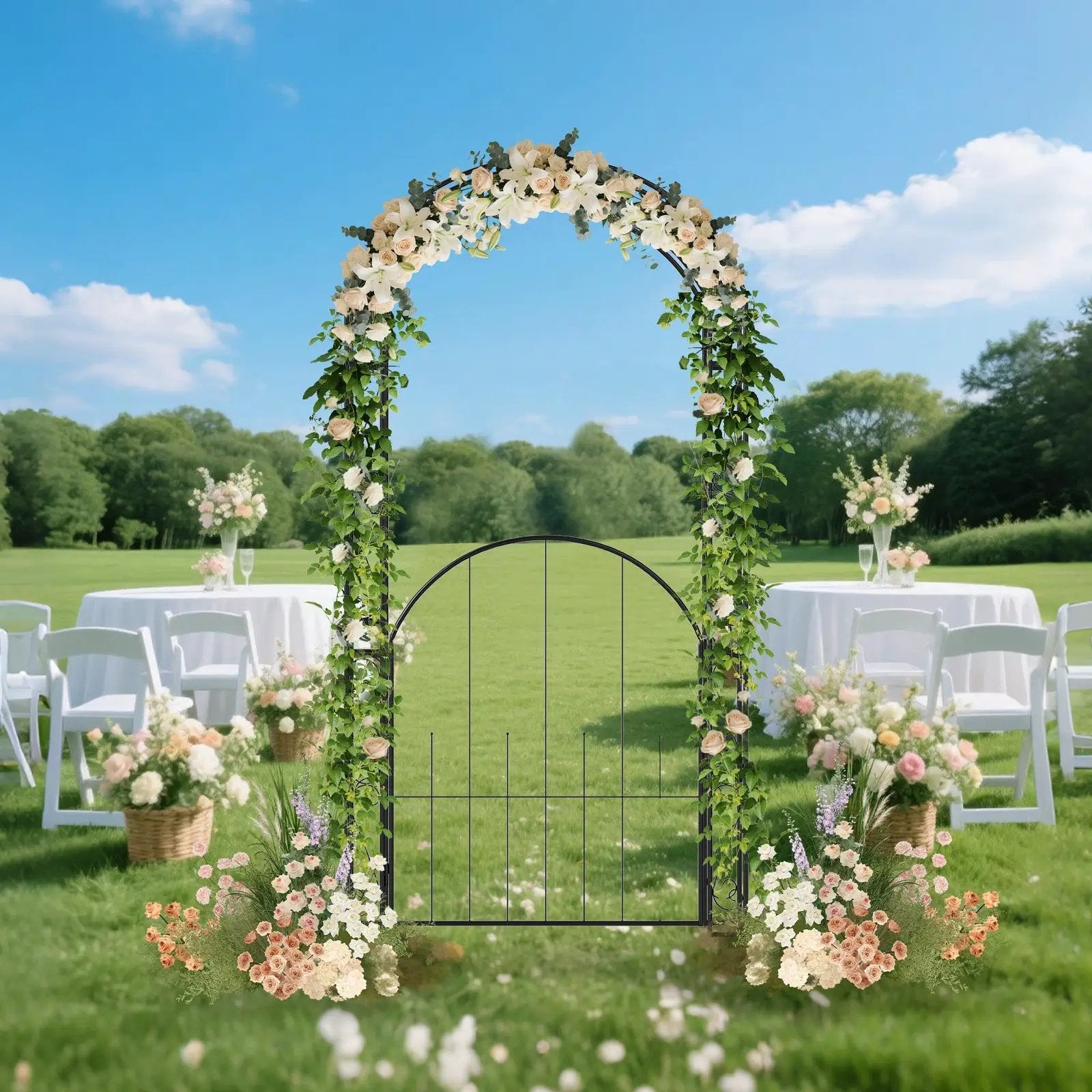 84 Inch Tall Garden Arch Metal Arbor Archway with Gate by DirectDeals