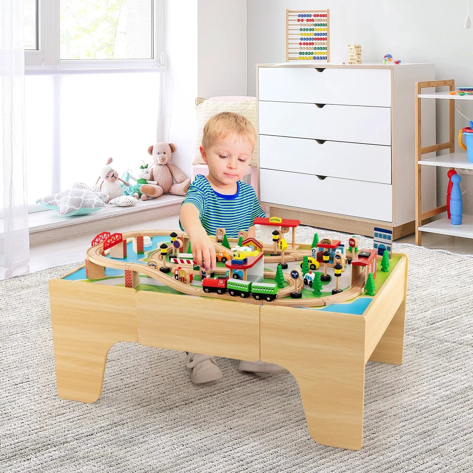 84-Piece Wooden Train and Activity Table with Reversible Top for Learning and Play by DirectDeals