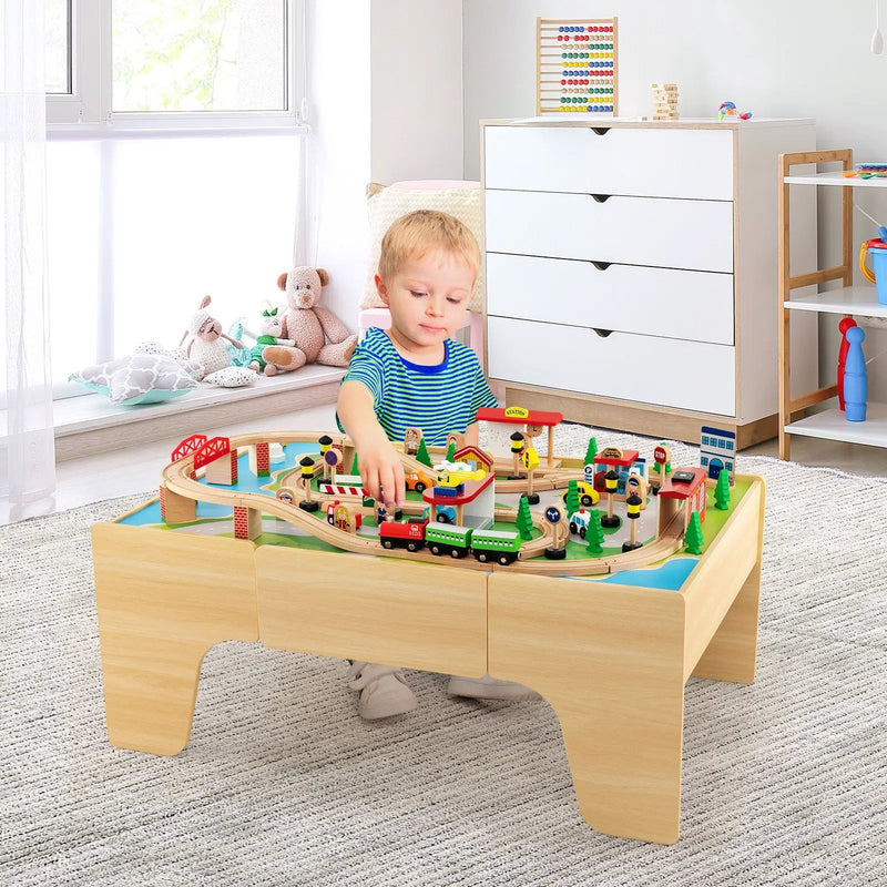 84-Piece Wooden Train and Activity Table with Reversible Top for Learning and Play by DirectDeals