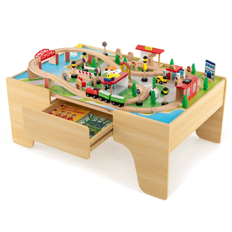 84-Piece Wooden Train and Activity Table with Reversible Top for Learning and Play by DirectDeals