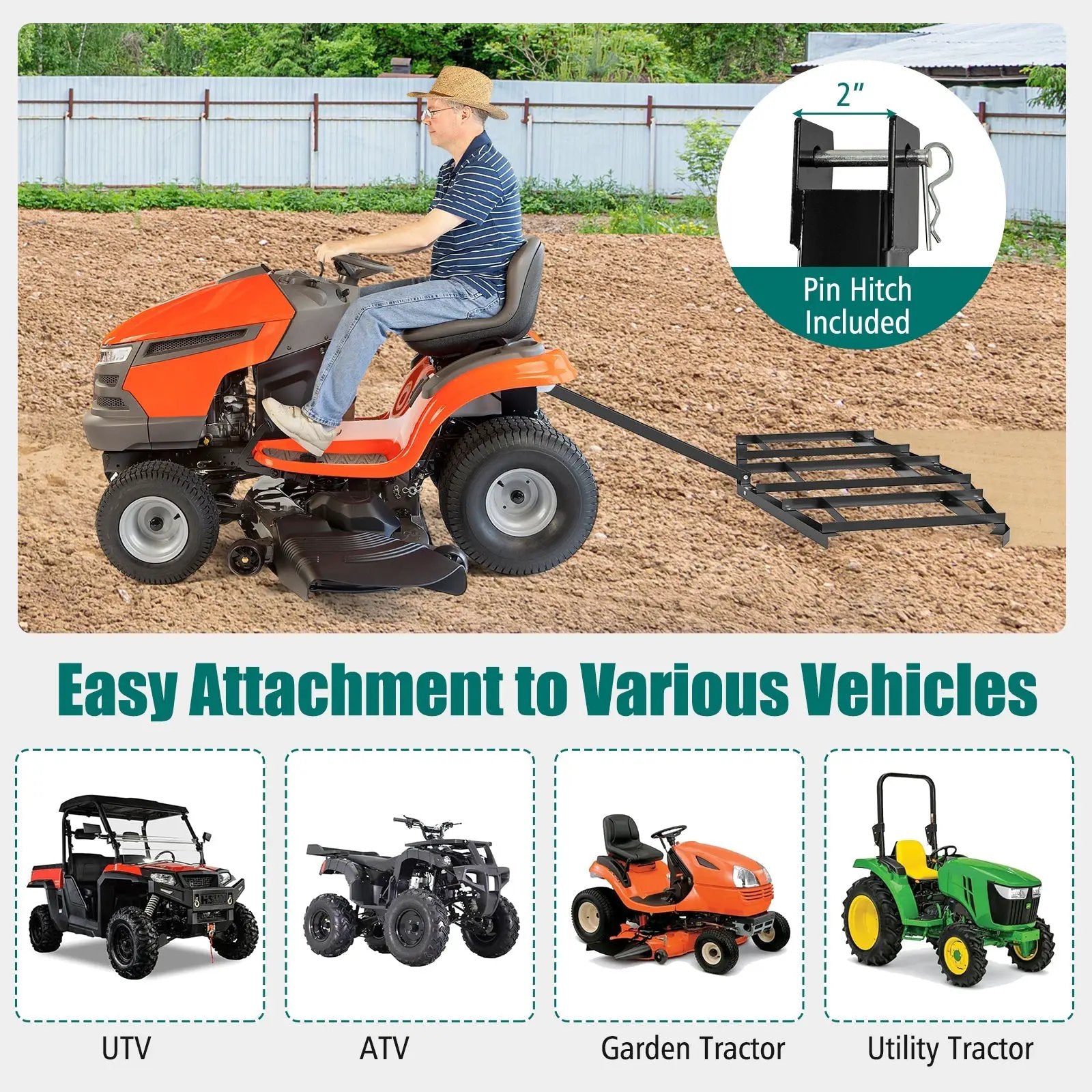 84 inch Wide Driveway Drag Tow Behind Landscape Leveling Rake with Reinforced Bars-Black by DirectDeals