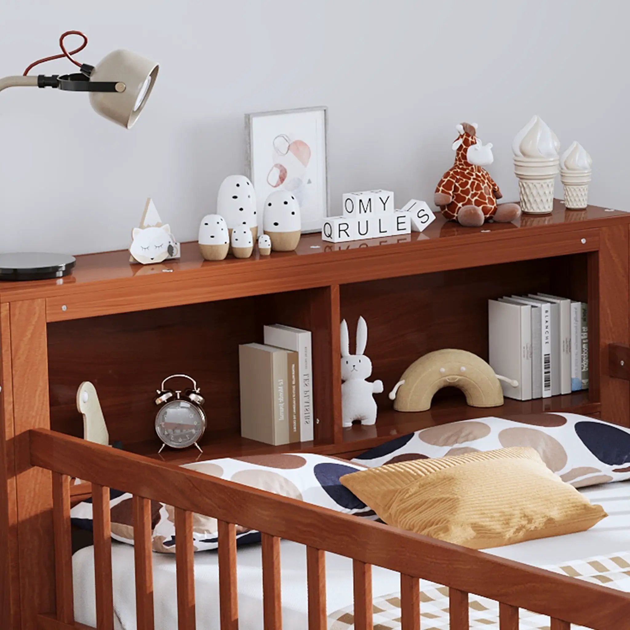 Bed With Headboard Storage Rack, 2 Under Bed Drawers, 3 Side Guardrails For Safety by Unique Piece Furniture